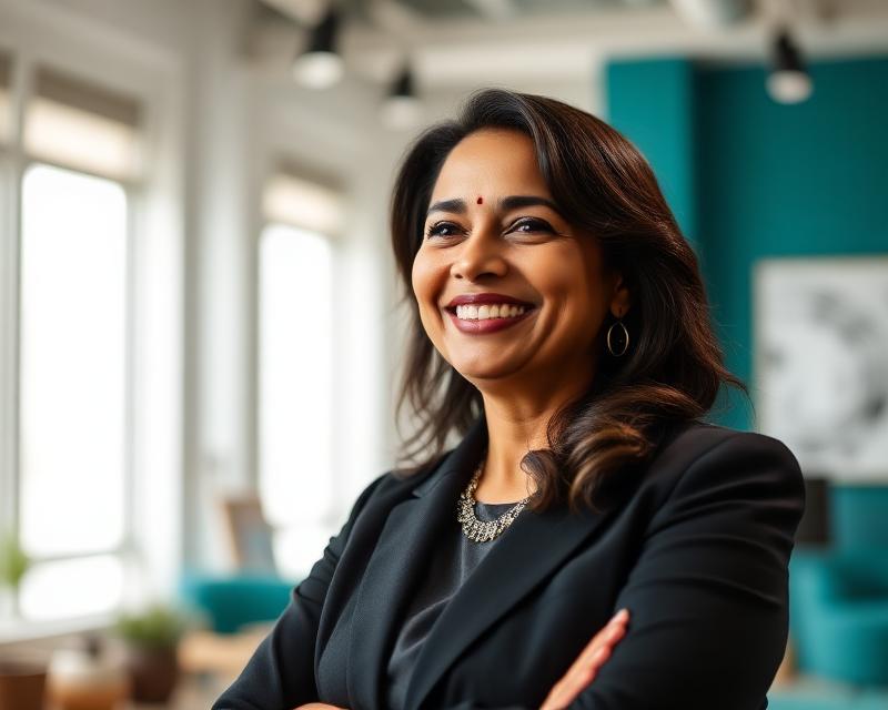 Business coach smiling in a bright studio