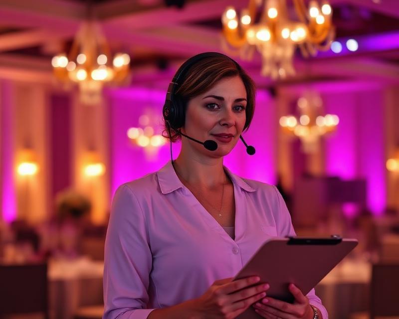 Event planner with a headset at a decorated venue