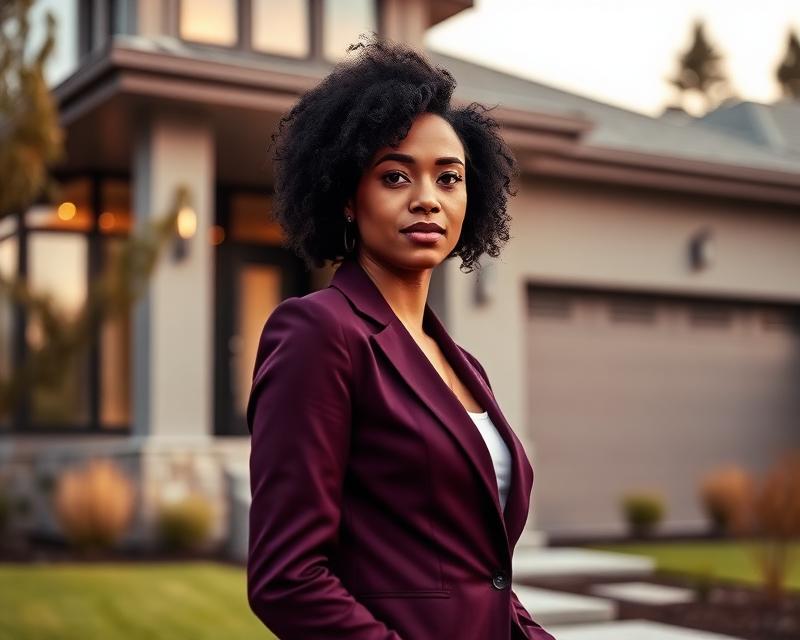 Real estate agent standing in front of a modern home